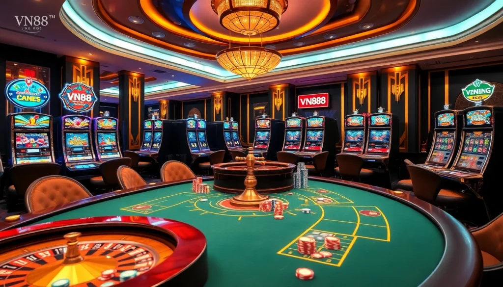 Experience the excitement of gambling at VN88's luxurious casino with vibrant tables and slot machines.