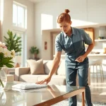 Enhance your space with a premium Cleaning service featuring a dedicated professional in a bright living room.