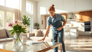 Enhance your space with a premium Cleaning service featuring a dedicated professional in a bright living room.