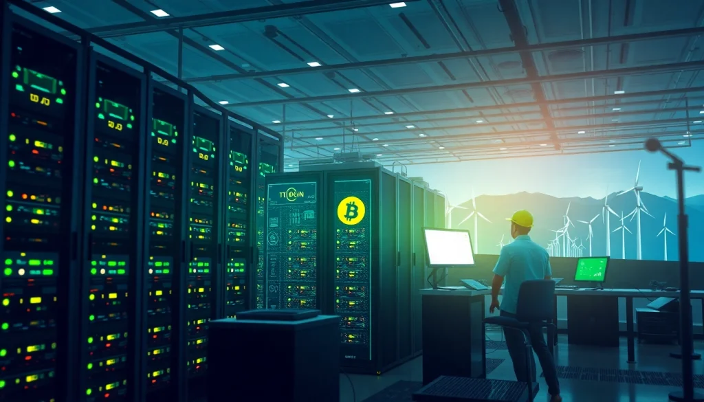 Visual representation of cloud crypto mining facility showcasing renewable energy sources.