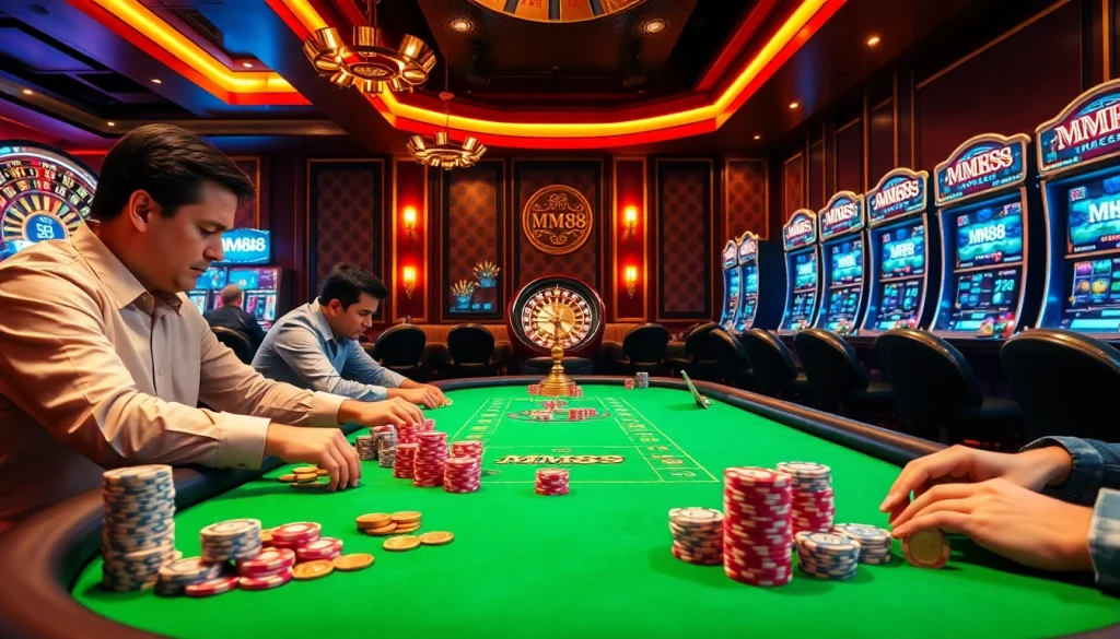 Players engage in a high-stakes game at an MM88 casino table with poker chips and roulette wheel.
