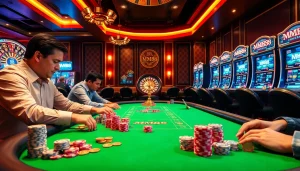 Players engage in a high-stakes game at an MM88 casino table with poker chips and roulette wheel.