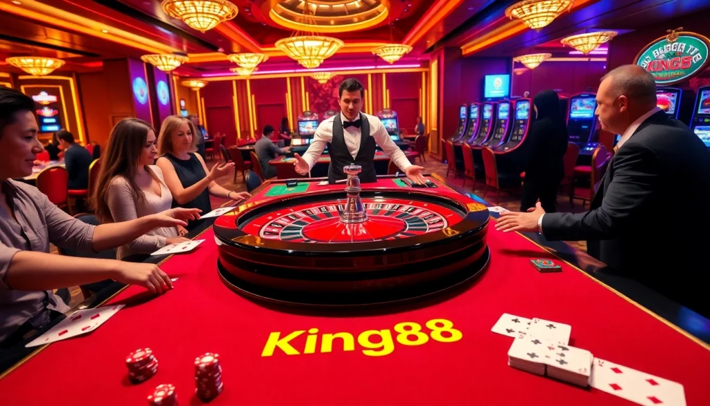 Experience the thrill of King88 with excited players at a luxurious casino roulette table.