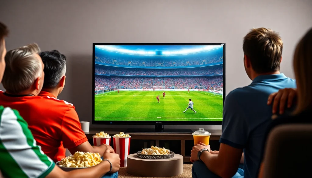 Watch Diema Sport online free in a vibrant setting featuring enthusiastic fans enjoying live sports.