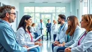 Engaging healthcare professionals from https://www.medexdtc.com interacting with patients in a welcoming clinic.
