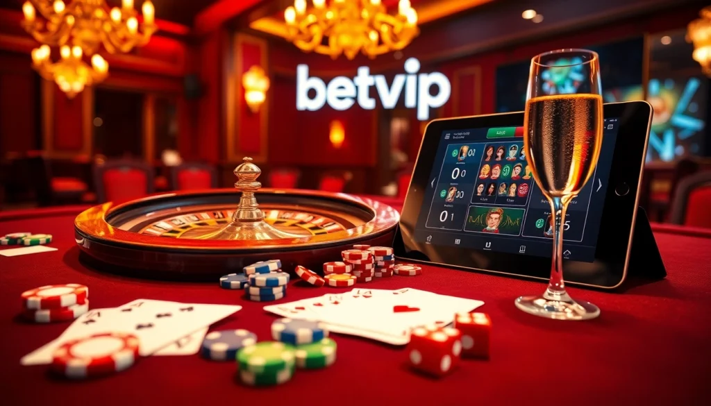 Trải nghiệm cá cược ở mức cao tại Betvip với cảnh casino lộng lẫy gồm các chip poker, roulette và những lá bài đầy sắc màu.
