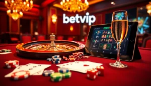 Trải nghiệm cá cược ở mức cao tại Betvip với cảnh casino lộng lẫy gồm các chip poker, roulette và những lá bài đầy sắc màu.