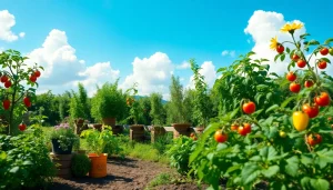 Gardening enthusiasts tending to a lush vegetable garden filled with vibrant plants and natural sunlight.