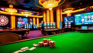 Exciting gambling scene featuring Hi88's luxurious casino tables, cards, and poker chips.