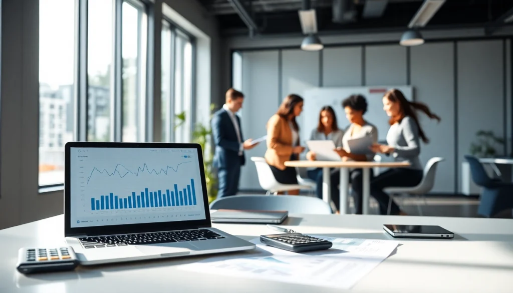 Accounting and Bookkeeping Services office scene with professionals collaborating over financial documents and charts.