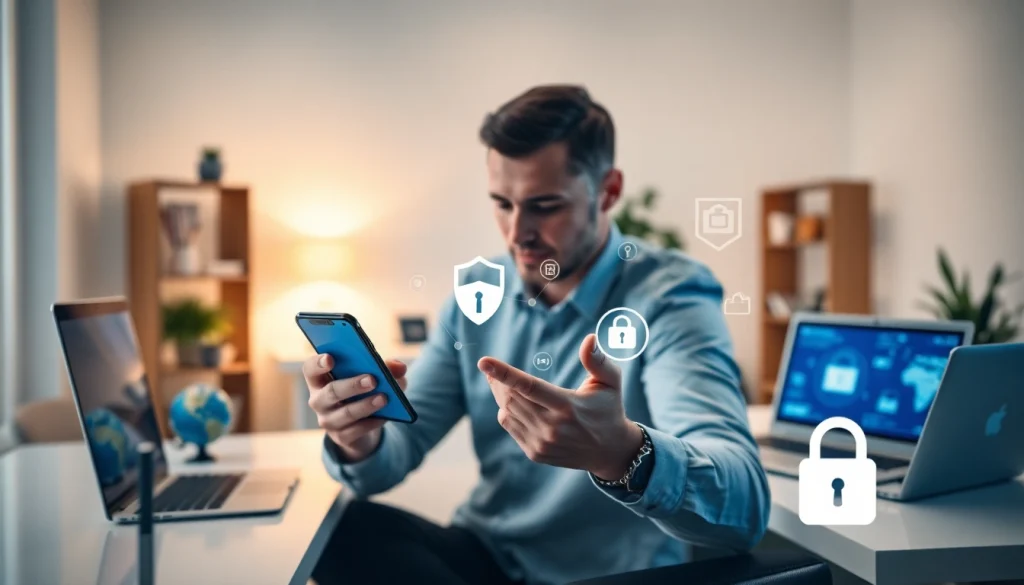 快连下载 - User enjoying swift VPN connectivity on multiple devices in a modern office.