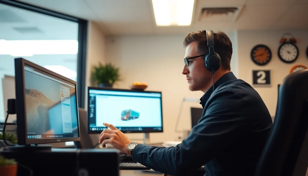 Truck Dispatch Services assisting a professional dispatcher in coordinating freight logistics efficiently.