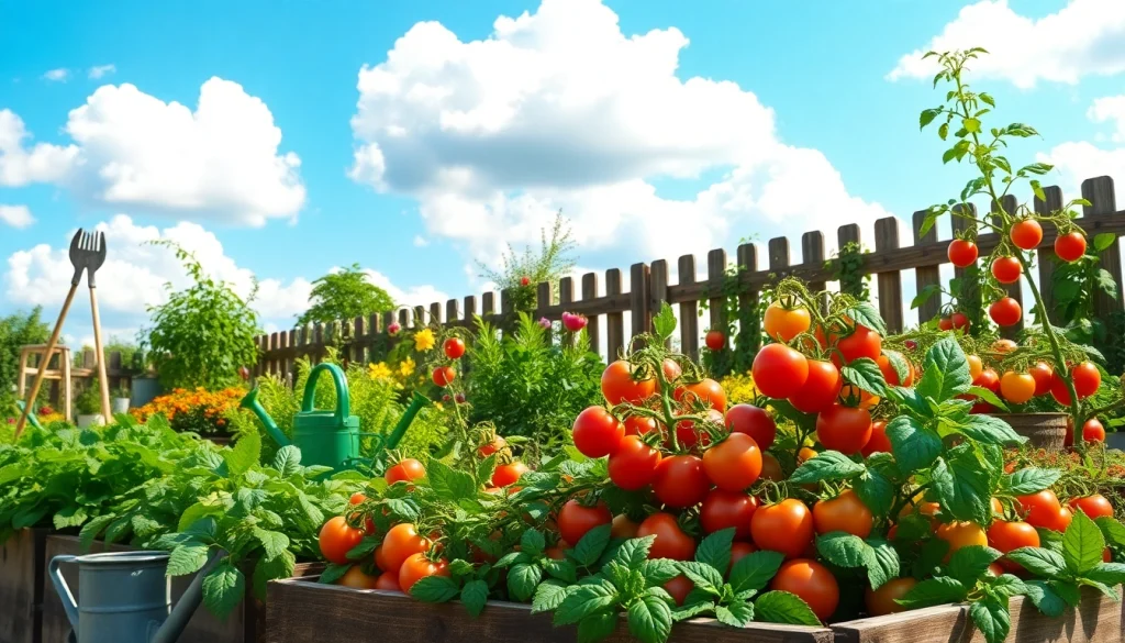 Gardening in a vibrant vegetable garden with tomatoes, peppers, and greens thriving.