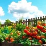 Gardening in a vibrant vegetable garden with tomatoes, peppers, and greens thriving.