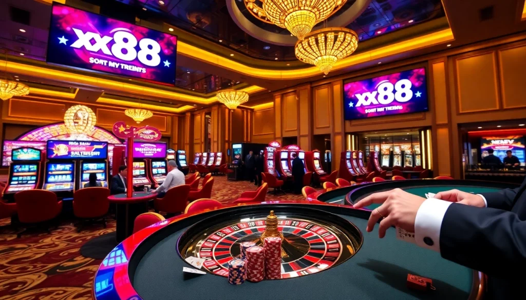 Experience high-stakes gaming at xx88 with vibrant casino tables and thrilling slot machines.