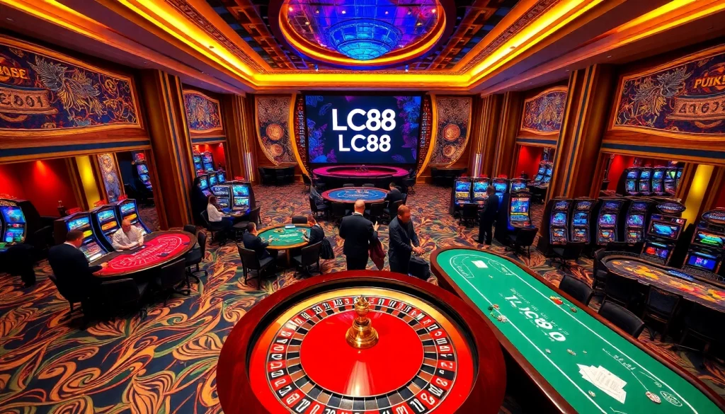 Excited gamblers placing bets at LC88 casino tables with vibrant slot machines.