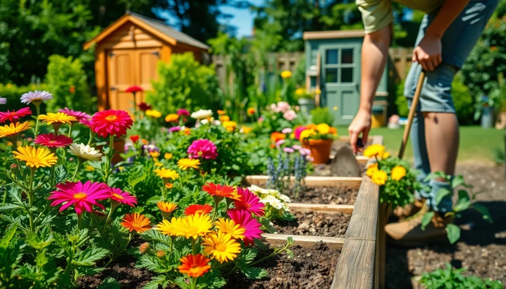 Engaging gardening scene with blooming flowers and fresh vegetables in a backyard.