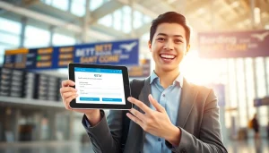 Traveler completing the esta application process at the airport terminal.