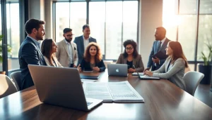 Engaged business team in a professional meeting setting discussing strategies.