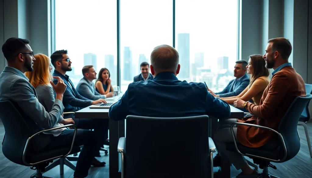 Engaged team collaborating in a dynamic business meeting setting.