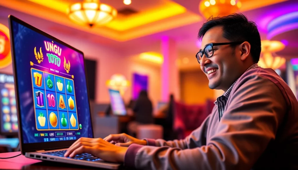 Memenangkan permainan ungu toto di slot online dengan ekspresi bahagia.