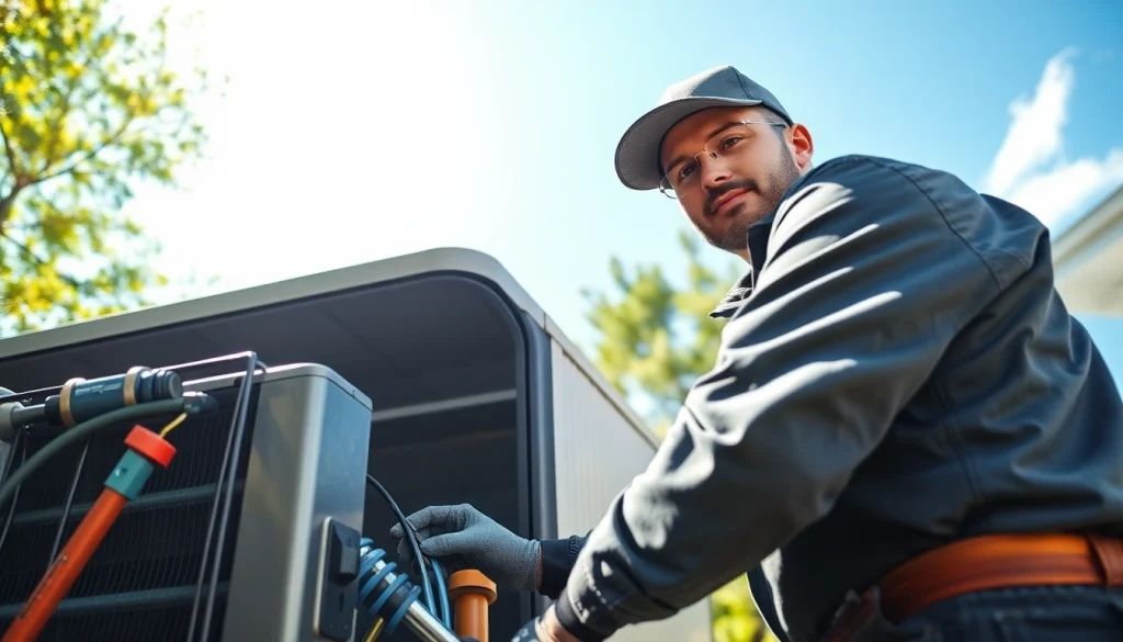 Quality emergency hvac repair bc by a technician fixing air conditioning unit in a sunny outdoors.