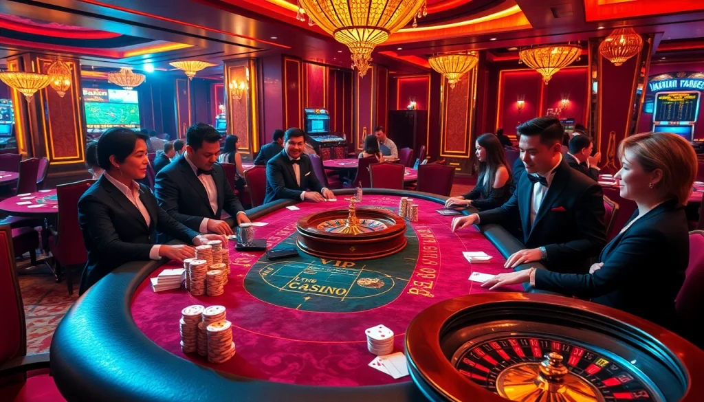 GO88 VIP casino scene with elegant players at a vibrant gambling table celebrating their winning moments.