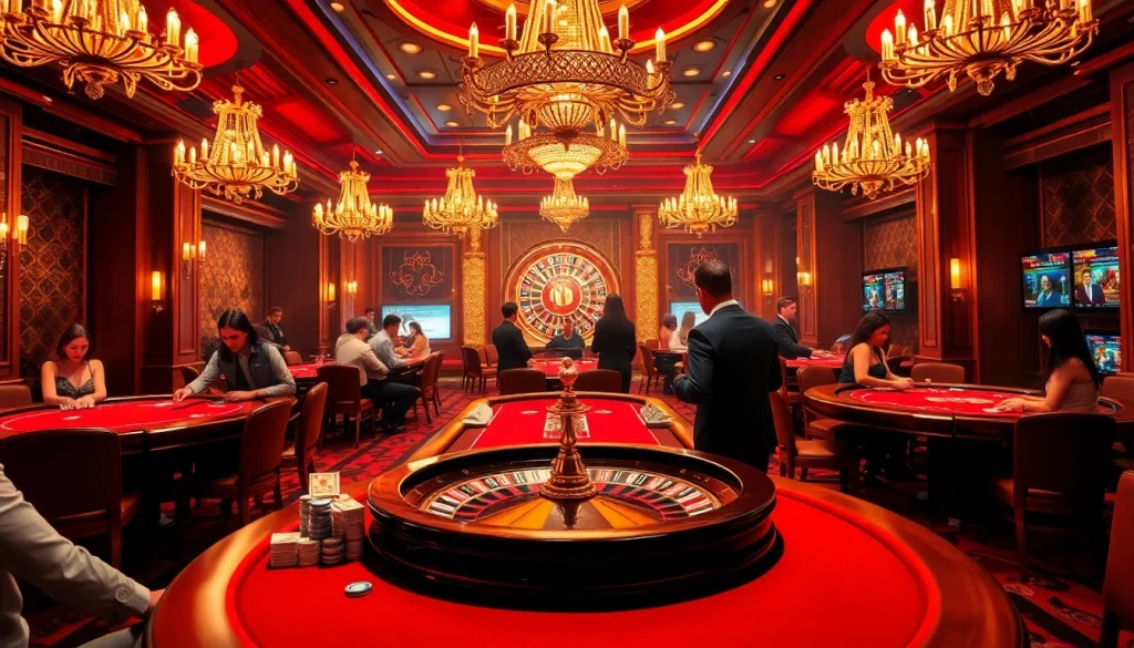 3king gamblers enjoying a luxurious casino experience with poker tables and roulette, high energy atmosphere.