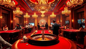 3king gamblers enjoying a luxurious casino experience with poker tables and roulette, high energy atmosphere.
