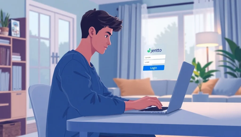 Masuk ke halaman jentoto login dengan fokus yang tajam pada layar dan karakter yang terlibat.