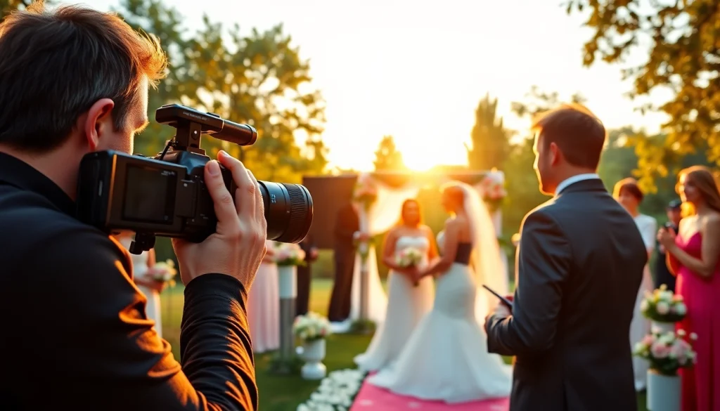 Videographer capturing a tender wedding moment outdoors with vibrant scenery.