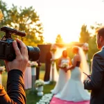 Videographer capturing a tender wedding moment outdoors with vibrant scenery.