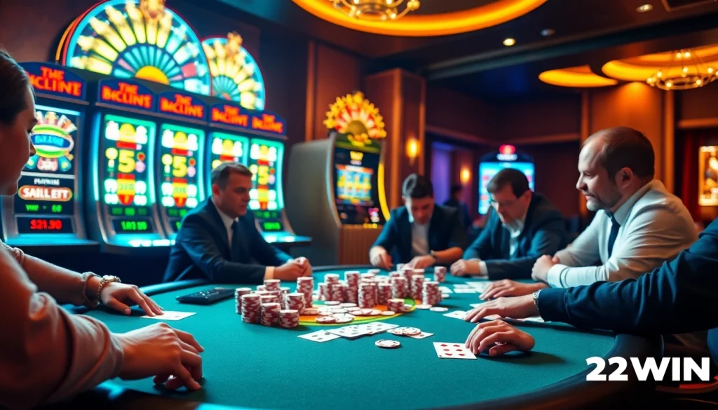 Players engaging at a professional poker table in a luxurious casino setting featuring 32WIN elements.