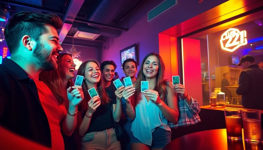Excited friends displaying Club21 fake IDs at a vibrant nightclub entrance with colorful lights.