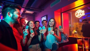 Excited friends displaying Club21 fake IDs at a vibrant nightclub entrance with colorful lights.