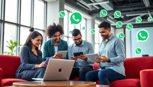Showcasing WhatsApp Business CRM integration in a lively team collaboration setting with technology.