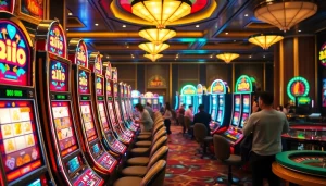 Players winning on 온라인슬롯 machines in a vibrant casino atmosphere.