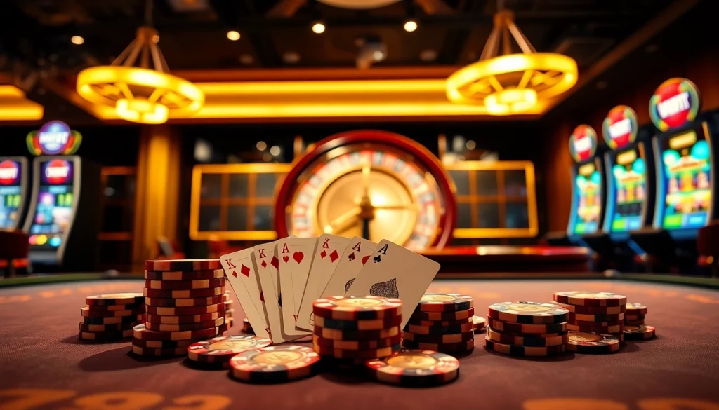 Experience excitement at the s88vip gaming tables with poker chips and cards.