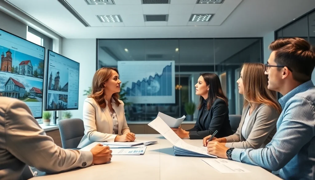 Real Estate agent engaging clients in an informative discussion about property listings.