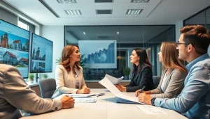 Real Estate agent engaging clients in an informative discussion about property listings.