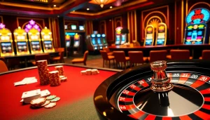 Engaging jbo casino scene with poker table, chips, and roulette wheel showcasing luxury.