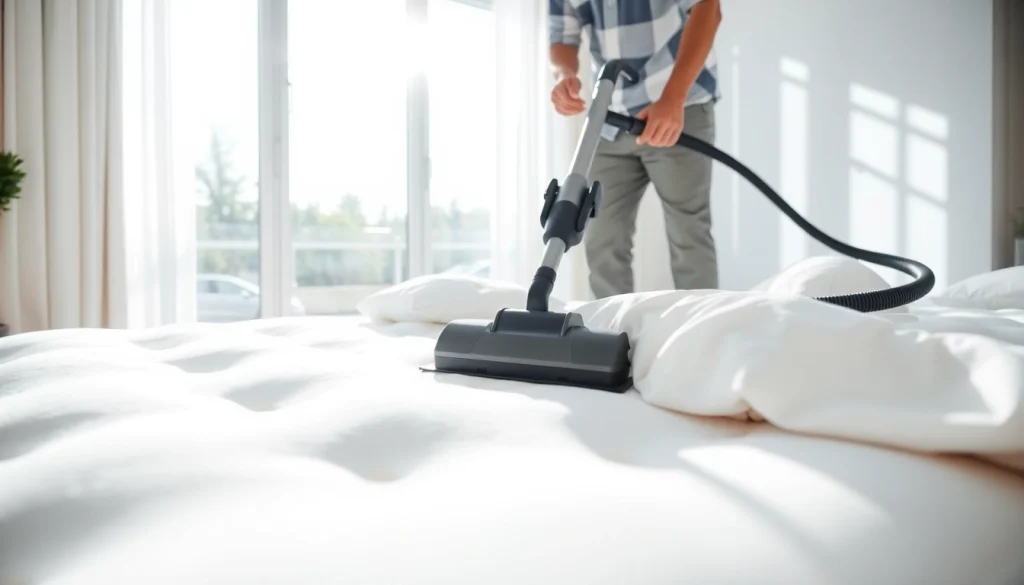 Expert mattress cleaning Dubai service in a bright, modern bedroom highlighting the professional process.