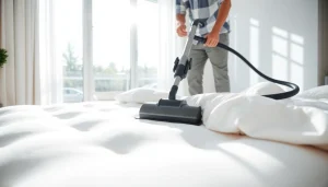 Expert mattress cleaning Dubai service in a bright, modern bedroom highlighting the professional process.