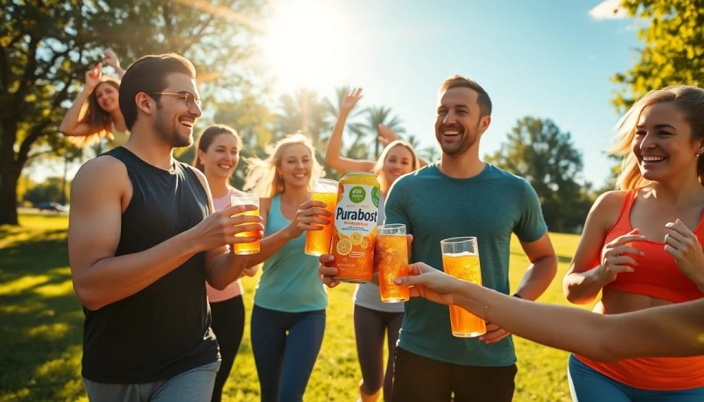 Puraboost energizing drink enjoyed by fitness enthusiasts outdoors, promoting health and vitality.