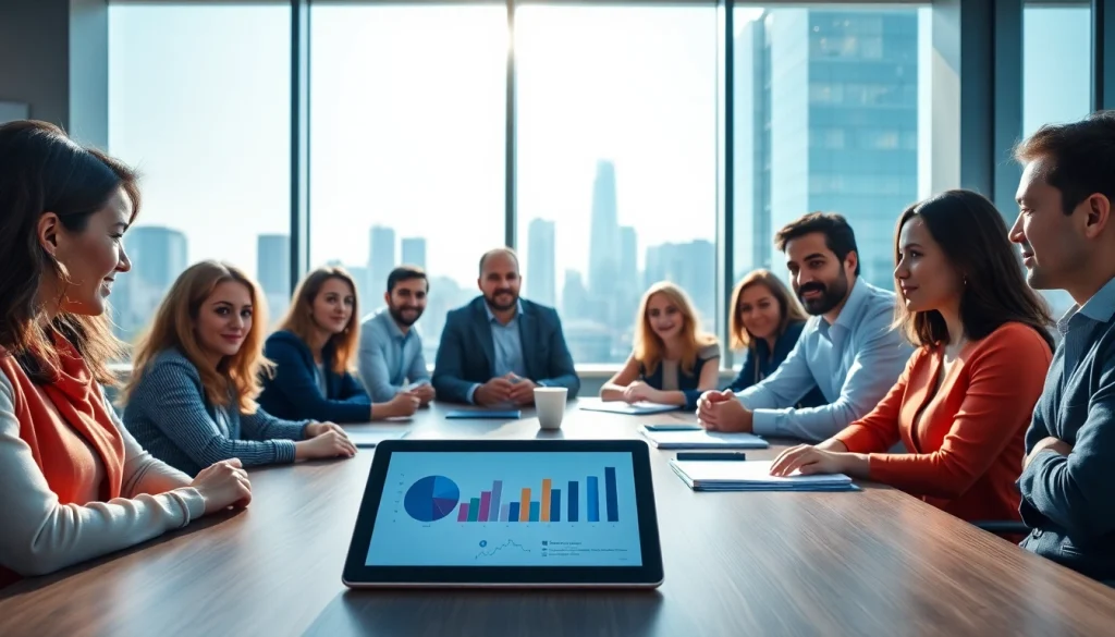 Participants engaging in a business meeting with diverse contributions and digital insights.