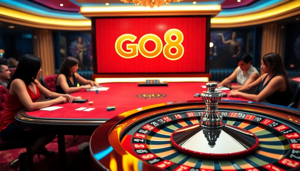 Experience the excitement of GO8 gaming with a luxurious poker scene featuring players and roulette.