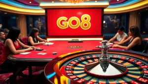 Experience the excitement of GO8 gaming with a luxurious poker scene featuring players and roulette.