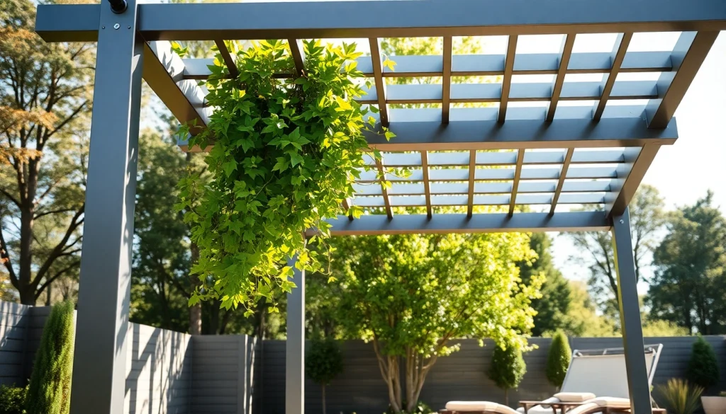 Experience the elegance of a modern steel pergola enhancing a stylish backyard space with vibrant plants.