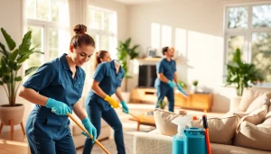 Cleaning service team efficiently tidying a bright, modern living room.