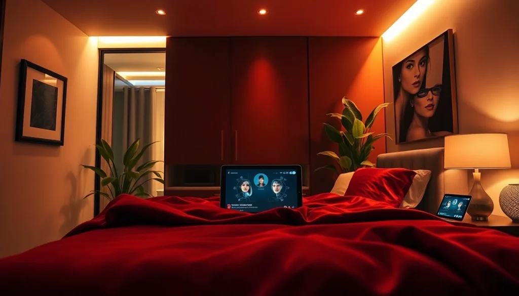 Captivating ai sex scene in a luxurious bedroom featuring a virtual AI companion.